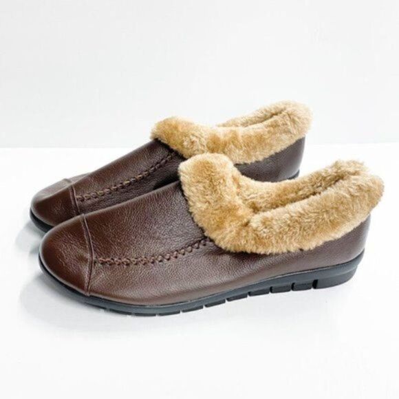 Casual Unisex Soft Sole Slip On Leather Casual Fur Lining Shoes Comfortable Work - Picture 1 of 6